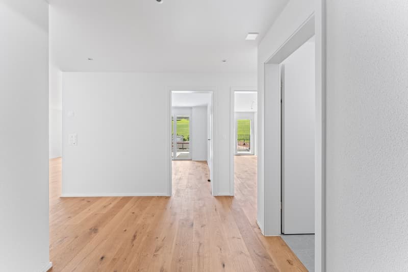 Empty hallway with wooden floors, white walls, doors, and a glass door leading to a balcony with a green view