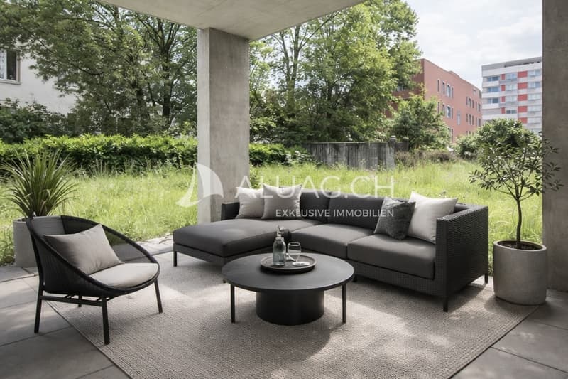 Zum Loft gehört eine überdachte Terrasse, die sich gemütlich einrichten lässt.