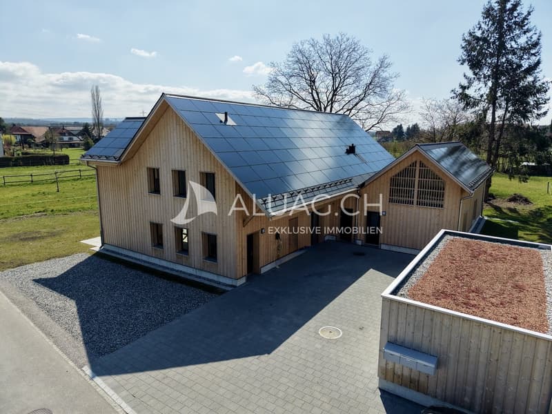 Moderne Holzarchitektur mit grosszügiger Zufahrt und integrierter Solaranlage in ruhiger Lage
