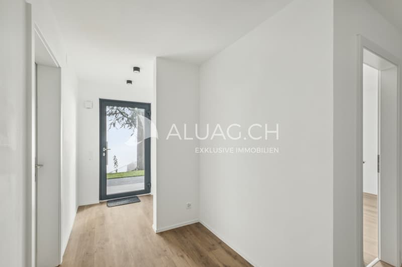 Stilvoller Eingangsbereich mit klarem Design und herrlicher Aussicht ins Freie
