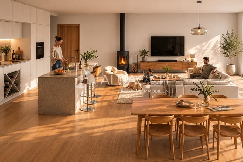 Sehr heimelige aber moderne Küche, Ess und Wohnraum mit grosser Fensterfront