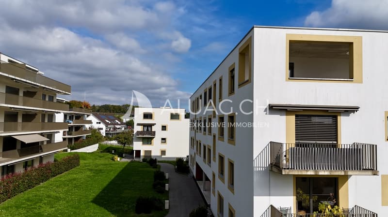 Die vier Wohngebäude bilden eine harmonische Gemeinschaft in grüner Umgebung