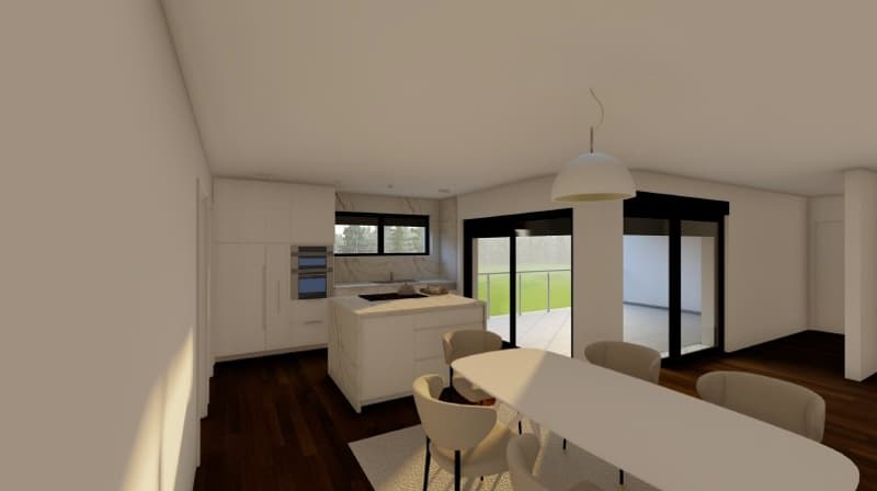 kitchen, dining room, living room, balcony