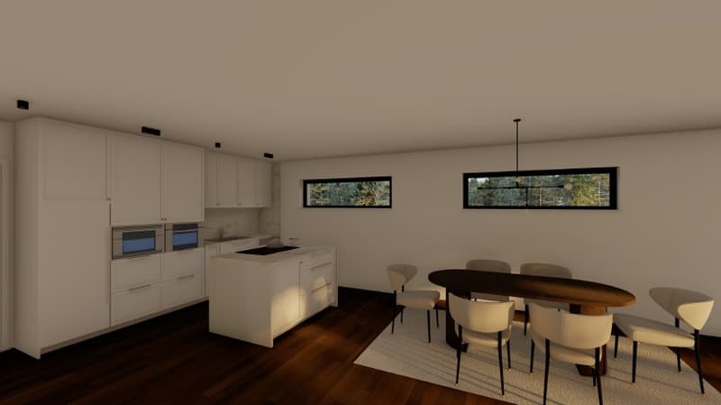 modern kitchen with dining area, white cabinets, central island, hardwood floors, large windows