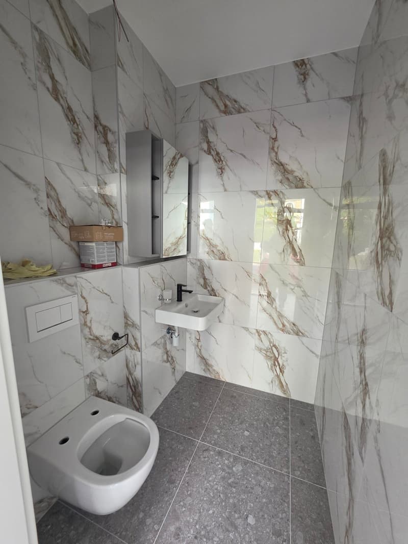 Bathroom with white marble tiles, white toilet, white sink, mirror, and faucet