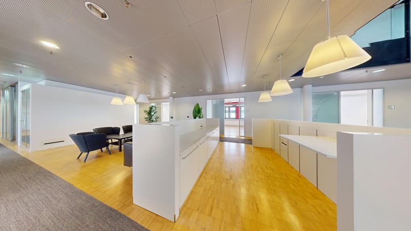 Spacious open-plan office with hardwood floors, white walls, recessed lighting, and modern furniture including a sofa, coffee table, and kitchen area with a dishwasher.