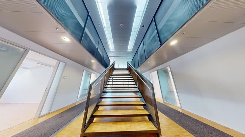 A modern, open staircase with wooden steps and metal railings, leading up to a higher level. The staircase is located in a bright, well-lit hallway with glass walls on both sides.