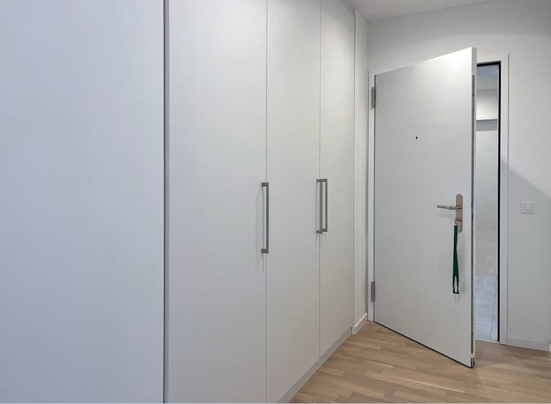 Empty room with white walls, wooden floor, large white wardrobes, open door