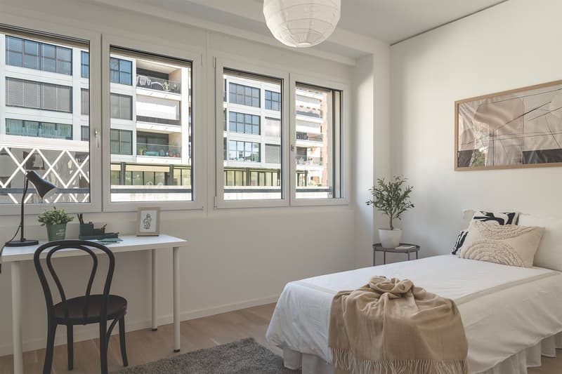 bedroom with desk, chair, bed, plants, rug, lamp, picture frame, and windows