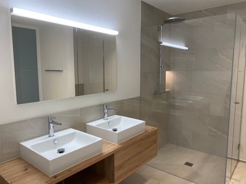 Double vanity, under-mount sinks, glass shower enclosure, ceiling-mounted lights, wooden storage, grey tiles