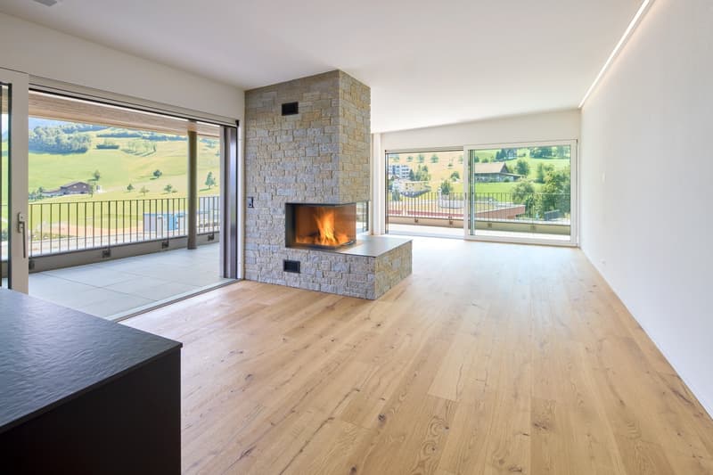 hardwood floors, white walls, fireplace, sliding glass doors leading to balcony, expansive view of green countryside