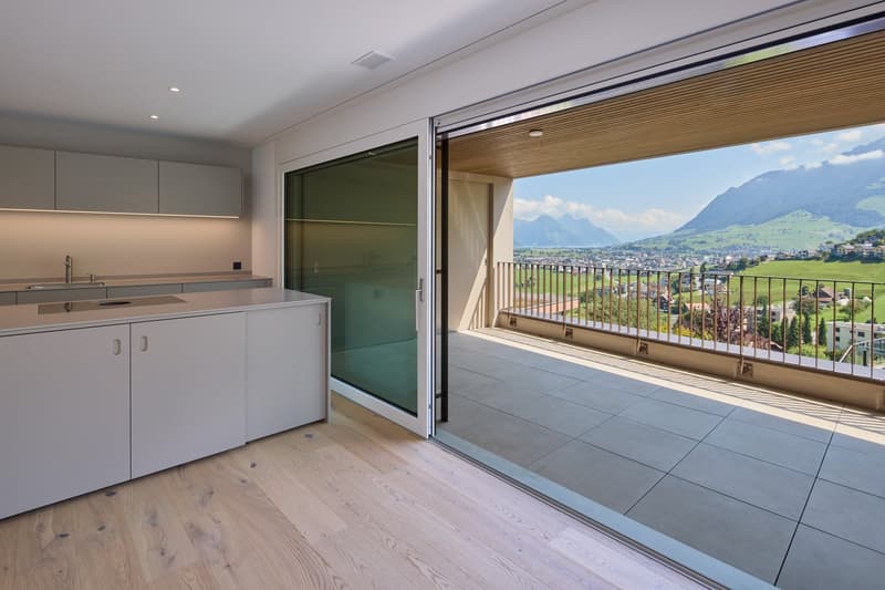 modern kitchen with oak floors, white cabinets, integrated appliances, large glass doors to balcony with mountain views
