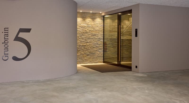 Curved wall with Gruobrain logo, brick wall, glass entrance door, brown mat in front of door