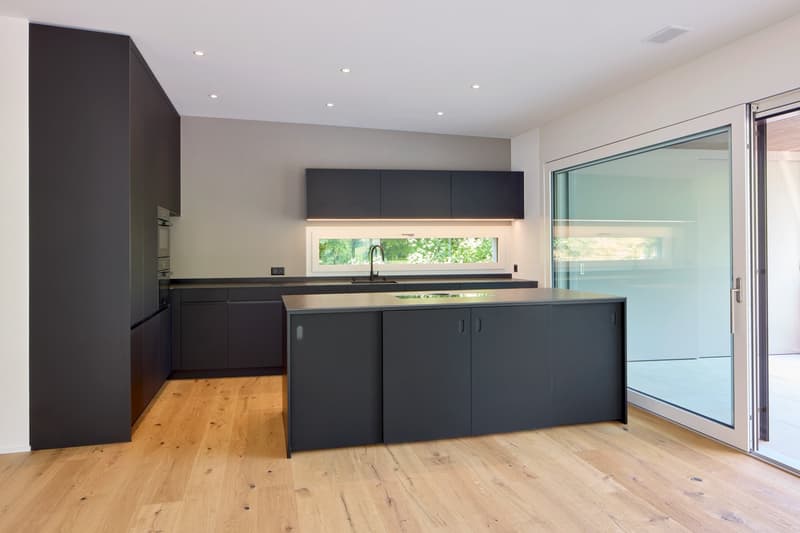 modern design, dark cabinets, wooden floor, double sink, glass door, view of the outside