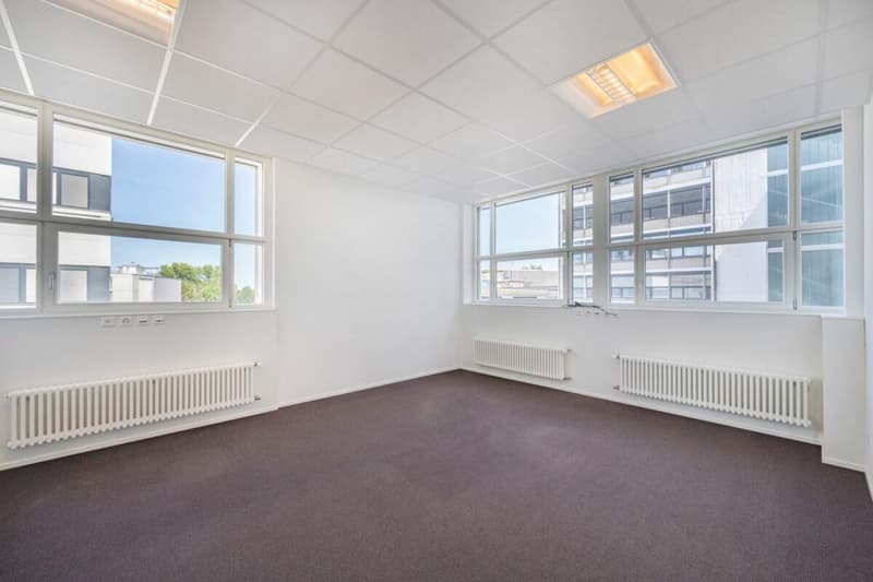 Office: empty room, white walls, white ceiling, grey carpet, windows, two white radiators