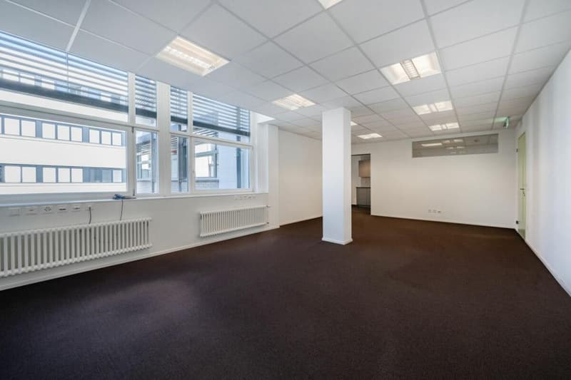 empty room, high ceiling, windows, radiators, carpet