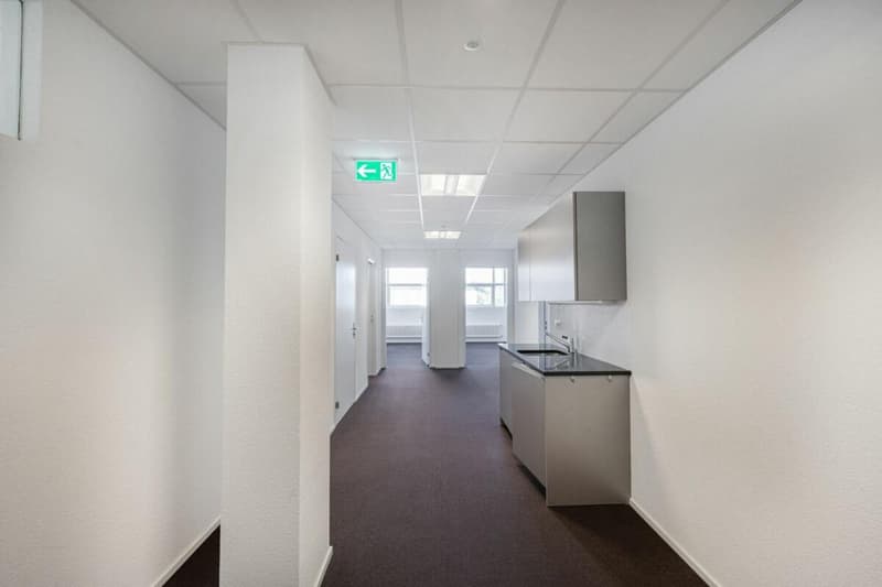 Empty hallway with a kitchen on the right side, sink, windows, ceiling lights