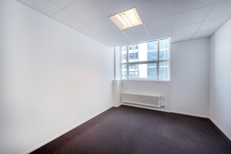 blank room with windows, white walls, ceiling lights, radiator, floor view