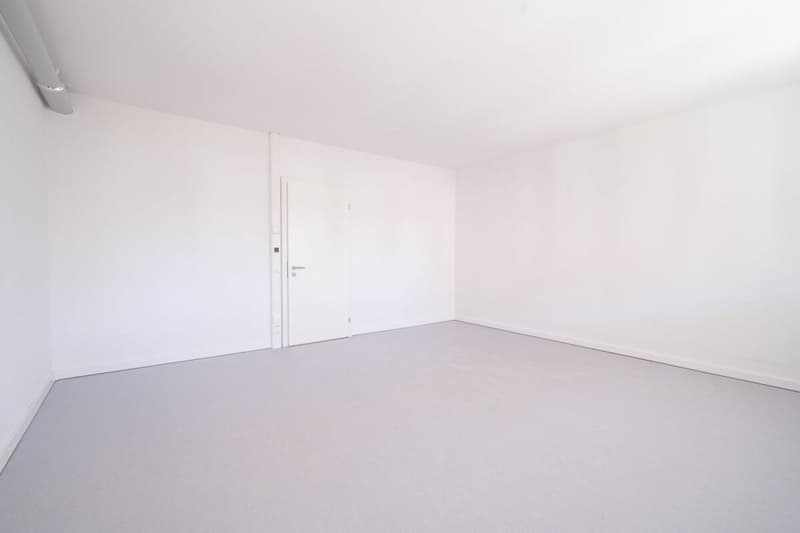 Empty room with white walls and floor, a door and a corner