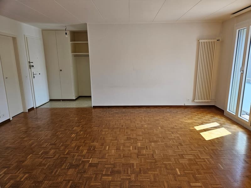 empty room, wooden floor, white walls, large window, closet, radiator