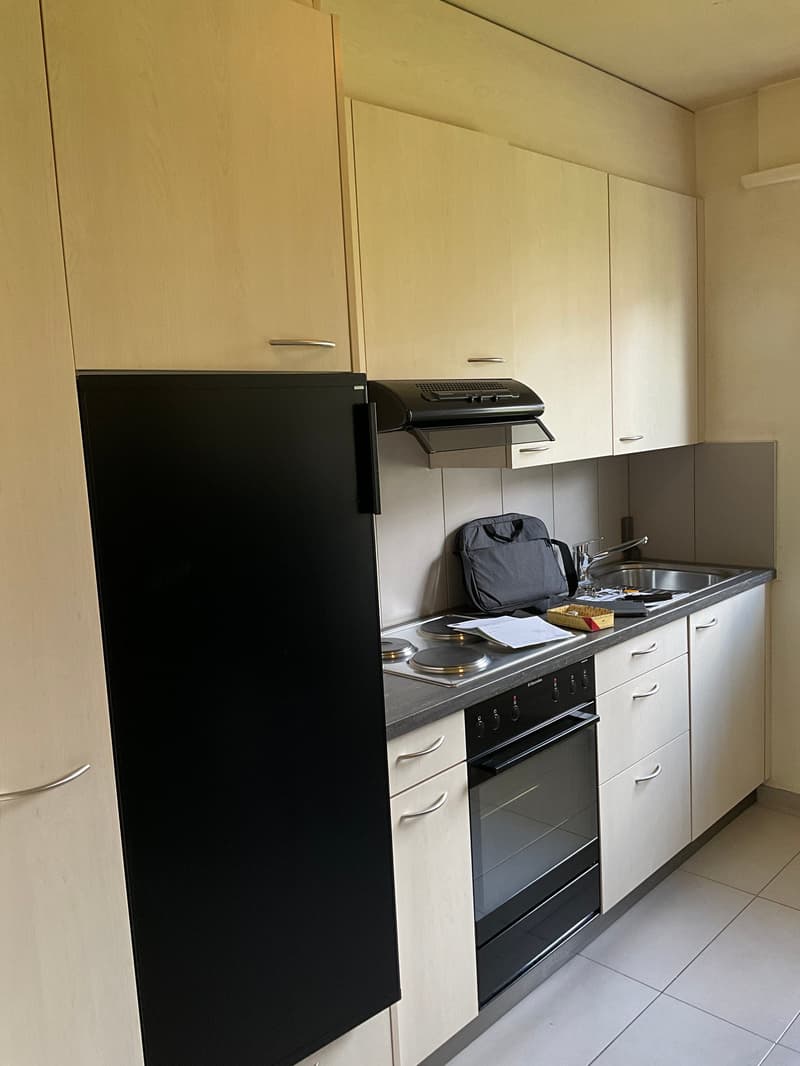 modern kitchen with white tiles, wooden cabinets, black refrigerator, black oven, gas stove, sink, and a black bag on the counter