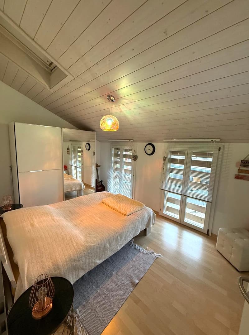 A small bedroom with a double bed and a large wardrobe. There are lamps on the ceiling, windows with blinds, a desk, a rug, and a decorative item on the floor. There is a reflection of the room in the mirror attached to the wardrobe.