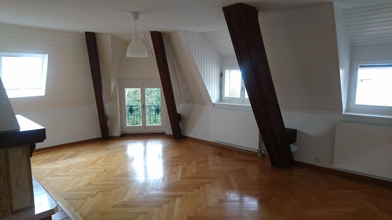 empty room, wooden floor, slanted ceiling, large windows, balcony