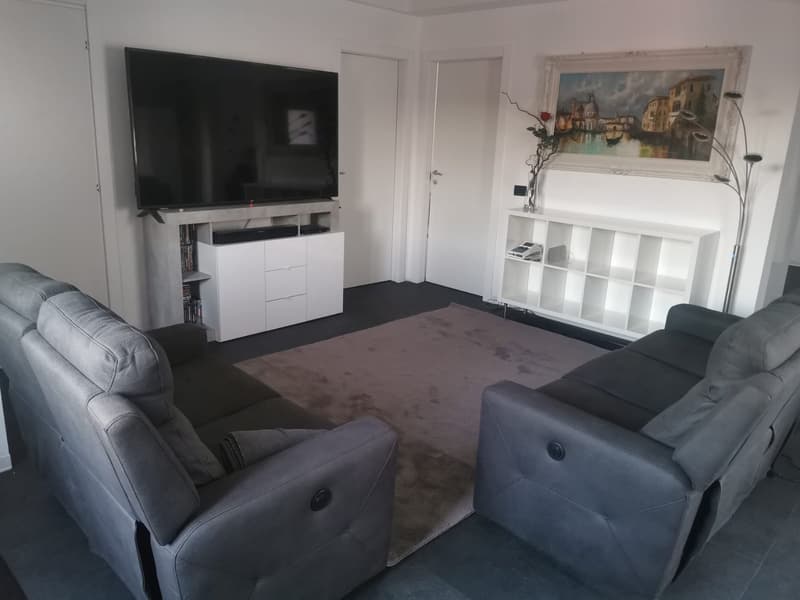 Large living room with grey leather recliner sofas, a TV stand with storage, and a white shelving unit. The room has white walls and a large painting on the wall. The floor is covered with a grey rug.