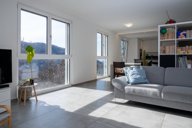 modern living room with large windows, gray couch, white walls, tiled floor, plants, and a view of the mountains