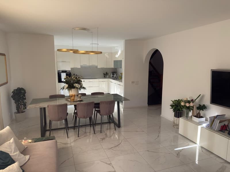 Dining room with a glass table, chairs, and a kitchen in the background. The room has white walls and marble flooring. There are potted plants and a TV on a cabinet.