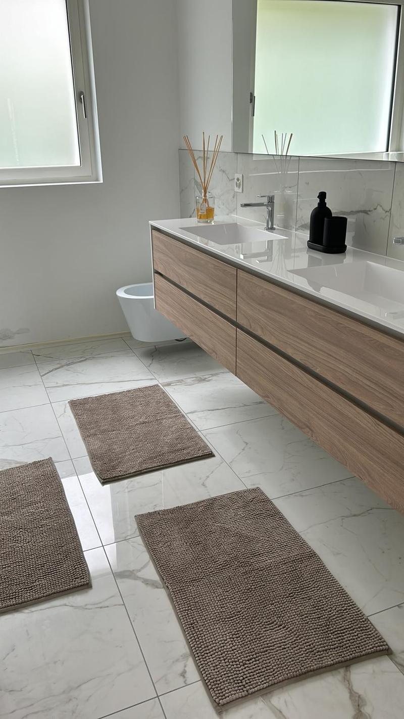 modern bathroom with white tiles, wooden vanity, double sink, toilet, and three rugs
