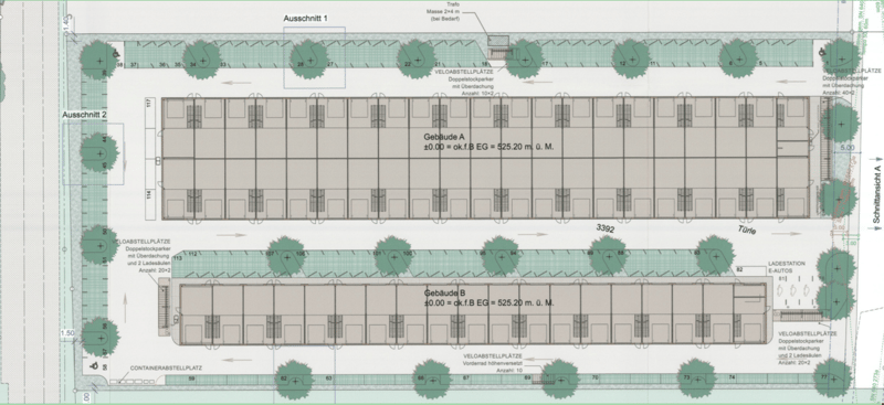 The image shows a floor plan with two buildings, labeled as Building A and Building B. Each building has multiple units or apartments. The plan also includes parking spaces, a container storage area, and other infrastructure elements.