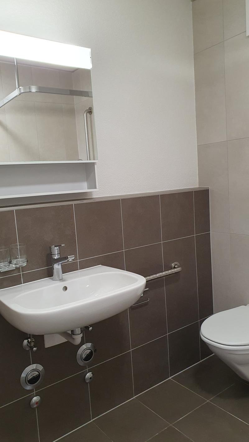 The image shows a bathroom with a white sink, a toilet, and a mirror cabinet. The walls are tiled with brown tiles, and the floor is also tiled. The bathroom appears to be clean and well-maintained.