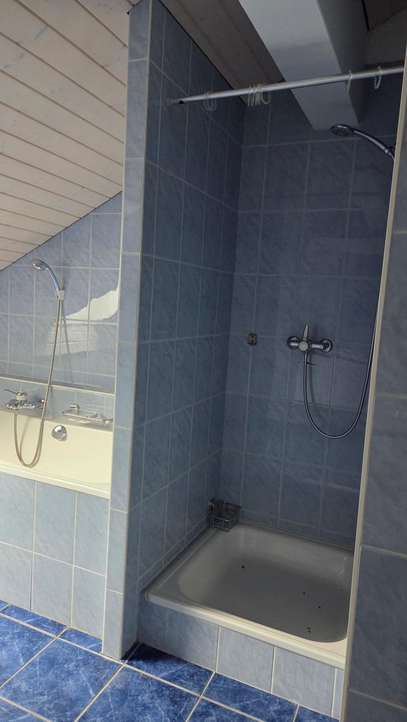 Shower and bathtub, white tiles, stainless steel fixtures