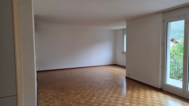 Empty room with wooden parquet flooring, white walls, two windows, door leading to a balcony with railing