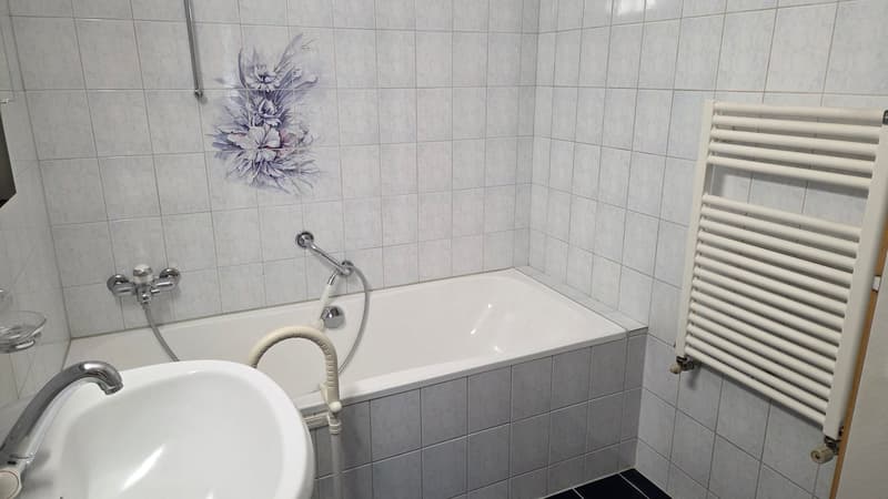 White tiled walls, white tub, white sink, glass soap dish, towel radiator