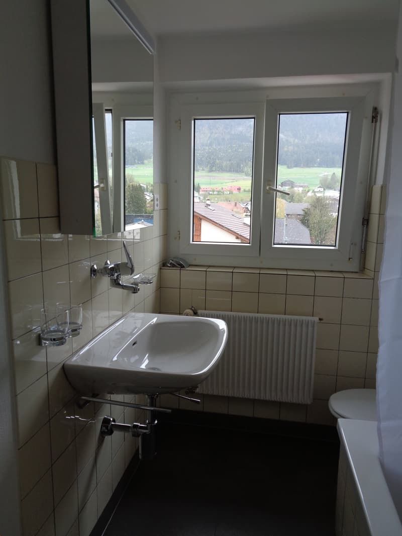 A bathroom with a bathtub, sink, toilet, mirror, and windows overlooking the outdoors.