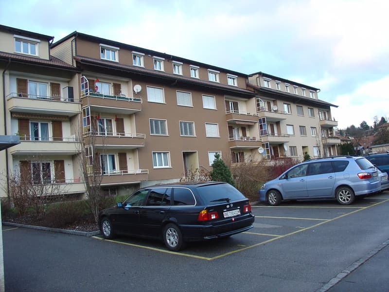 multi-family residential building, brown walls, windows, balconies, satellite dishes, parking lot with multiple cars