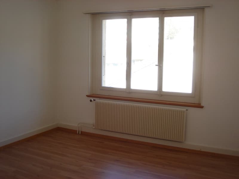 empty room, wooden floor, white walls, large window, white radiator