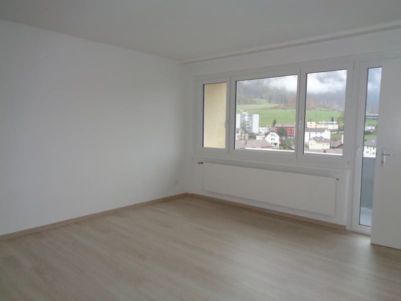empty room, wooden floor, white walls, large windows, white radiator, sliding glass door