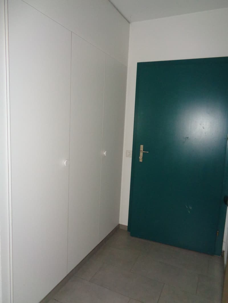 empty room, white wardrobes, white walls, tiled floor, green door