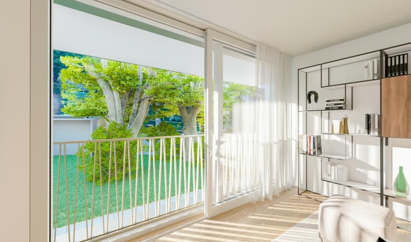 open plan with balcony, sliding glass doors, white curtains, modern style, glass floor, metal shelves, floor lamps, wooden floor