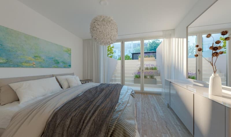 large bed, white pillows, beige duvet, rug, nightstand, chandelier, large glass doors, balcony, view