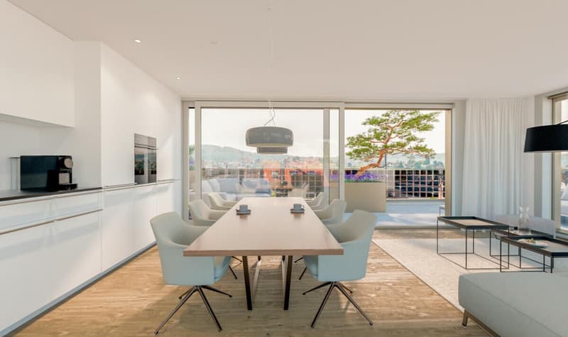 dining room with a table and chairs, modern decor, large glass doors leading to a terrace with a view of the city