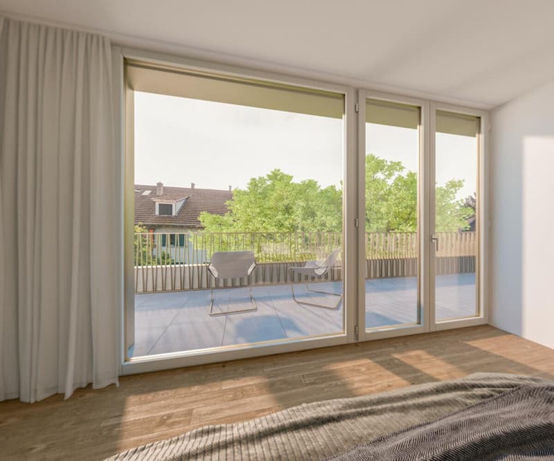 sliding glass doors, balcony, chair, wooden floor, curtain, view