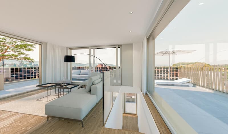 modern white furniture, large windows, hardwood floors, balcony with outdoor chairs