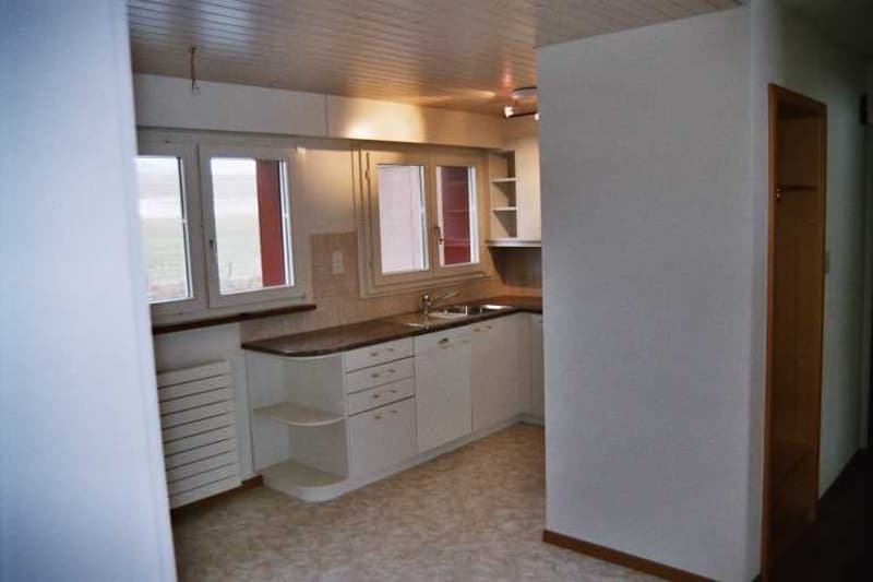 White kitchen, tiled floor, countertops, white cabinets, windows, radiator, sink, faucet, cabinets under the counter