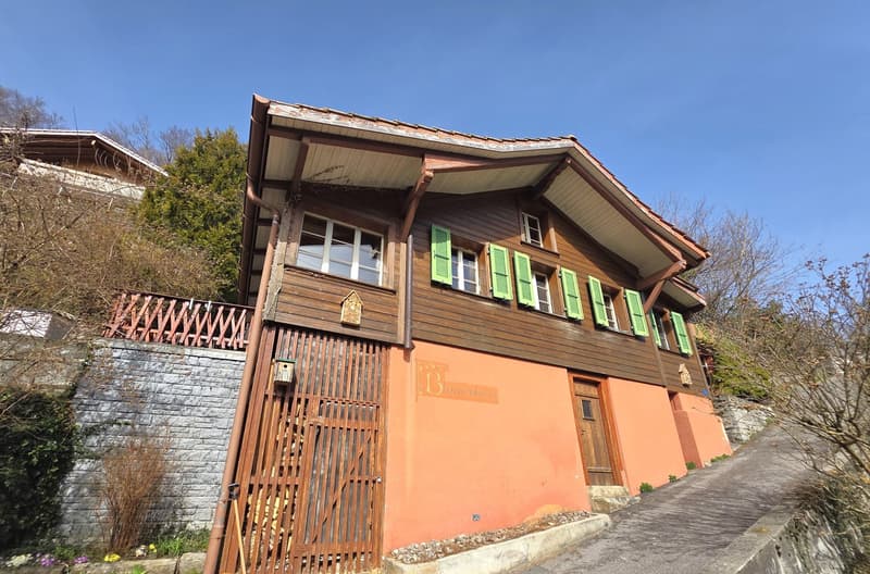2 story wooden house, green shutters, orange walls, brown roof, wooden gate, small garden