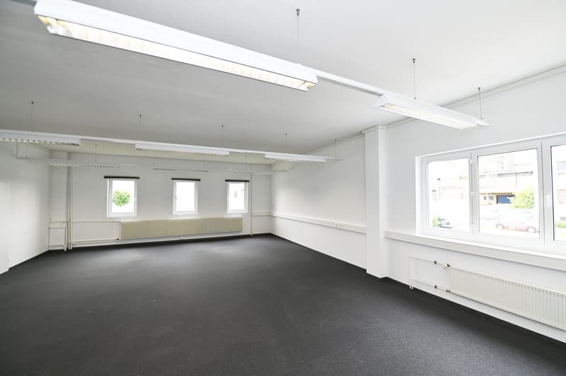 empty room, large windows, radiators, fluorescent lights, carpeted floor