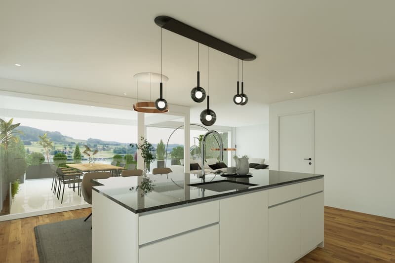 Modern kitchen with sleek white cabinets, black countertops, and a large window overlooking a scenic outdoor landscape. The kitchen features pendant lighting fixtures and an open layout that connects to a dining area.